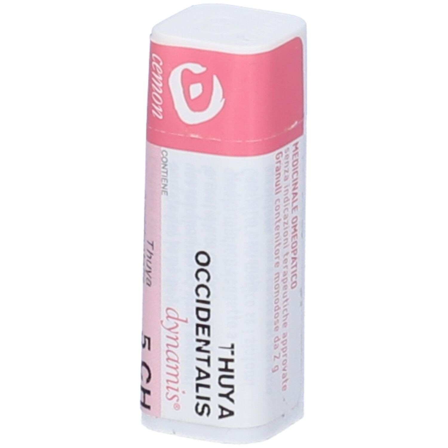 Flacone bianco con etichetta rosa. Scritte: Thuya occidentalis 5 CH, dynamis. Informazioni aggiuntive.