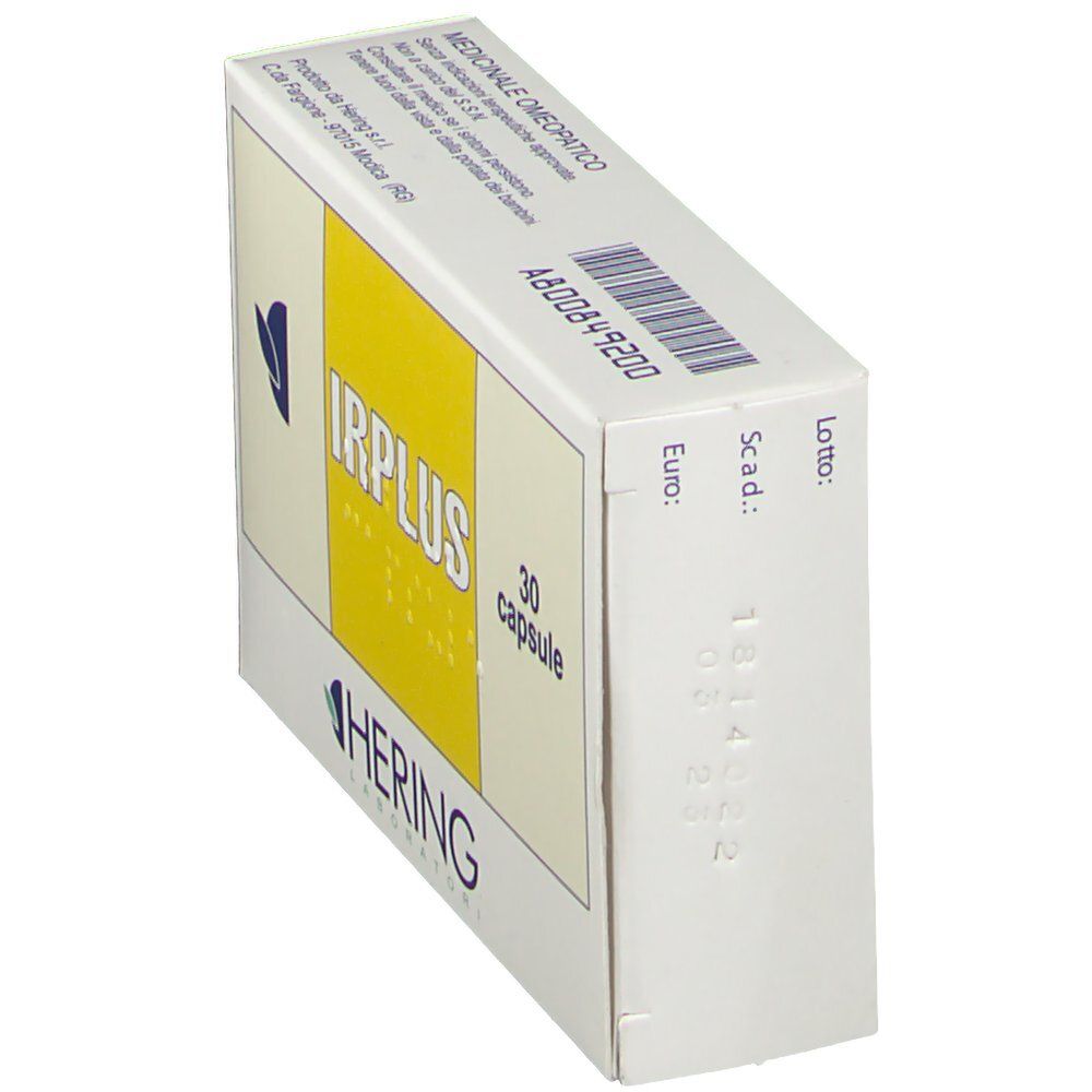Scatola con scritta IRPLUS e HERING. 30 capsule. Fascia gialla. Scrittura braille. Informazioni mediche.