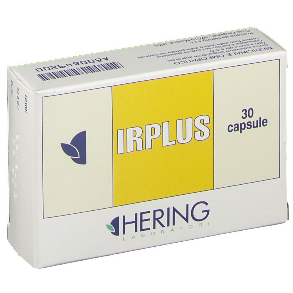 Scatola con scritta IRPLUS e HERING. 30 capsule. Fascia gialla. Scrittura braille. Informazioni mediche.