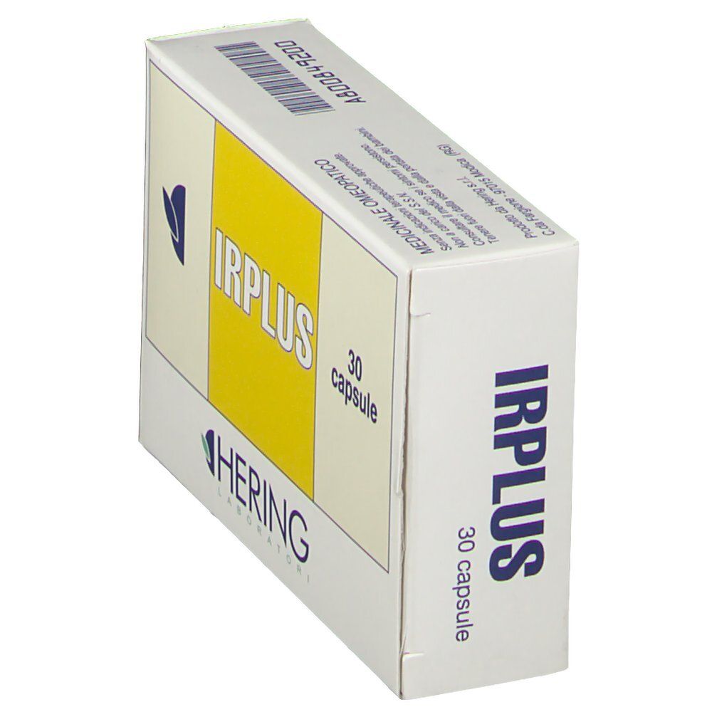 Scatola con scritta IRPLUS e HERING. 30 capsule. Fascia gialla. Scrittura braille. Informazioni mediche.