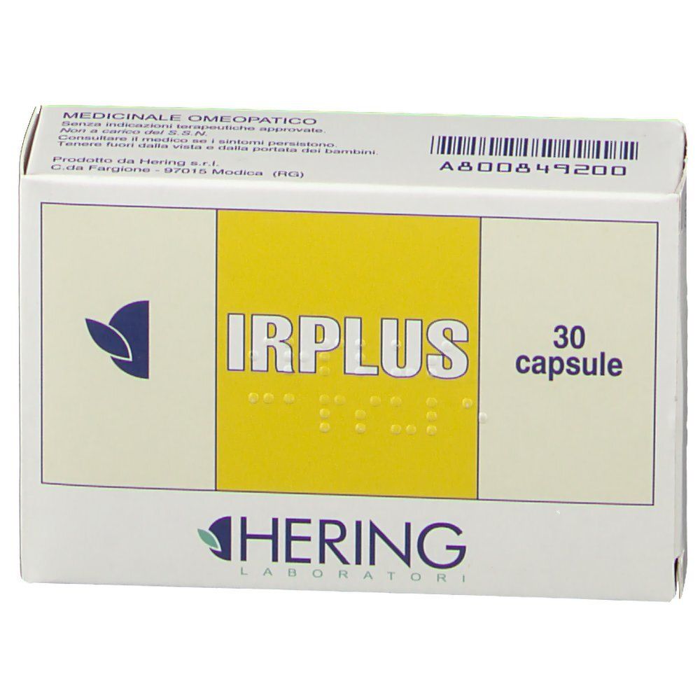 Scatola con scritta IRPLUS e HERING. 30 capsule. Fascia gialla. Scrittura braille. Informazioni mediche.