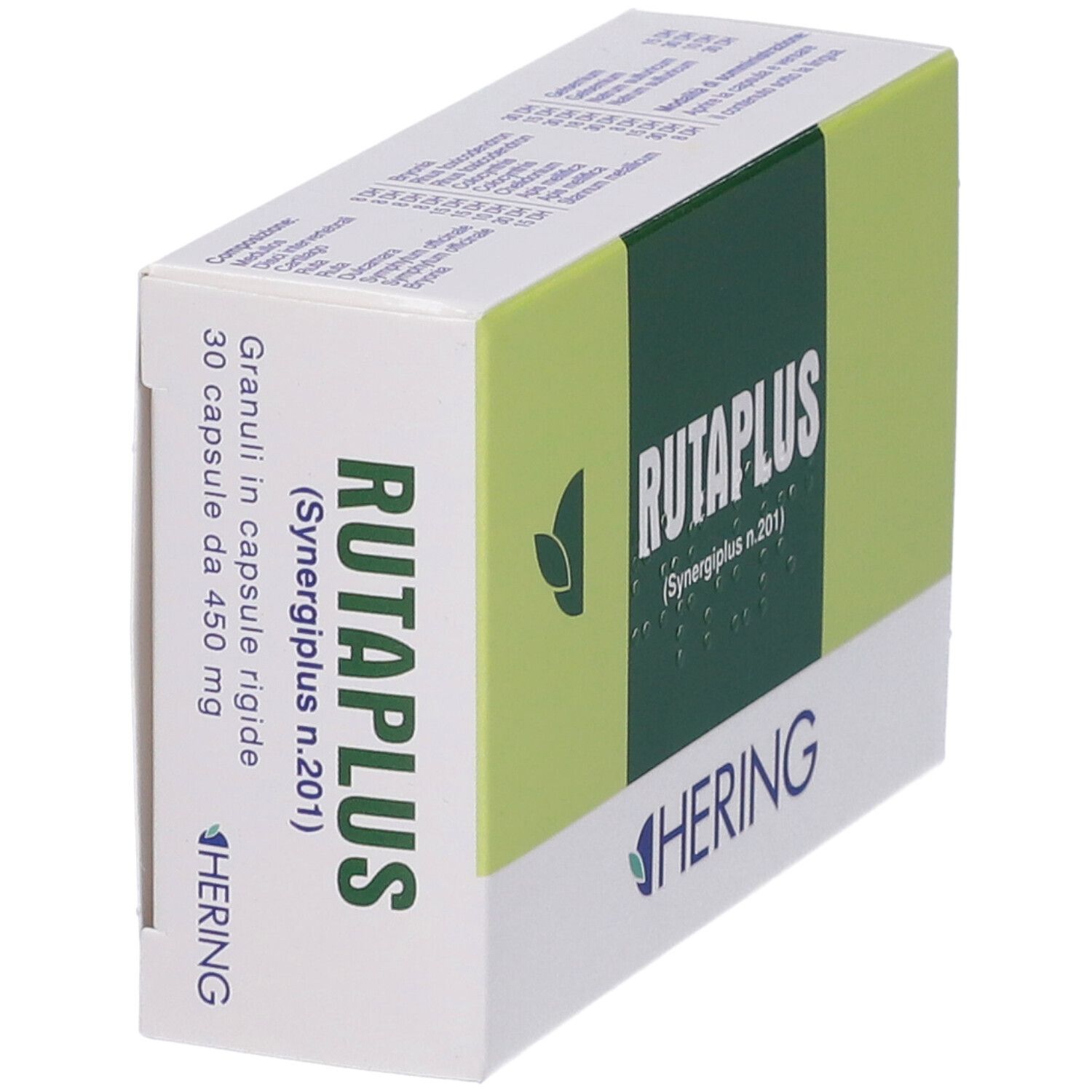 Scatola "RUTAPLUS". Marchio HERING. Testo: Granuli in capsule rigide. 30 capsule da 450 mg.