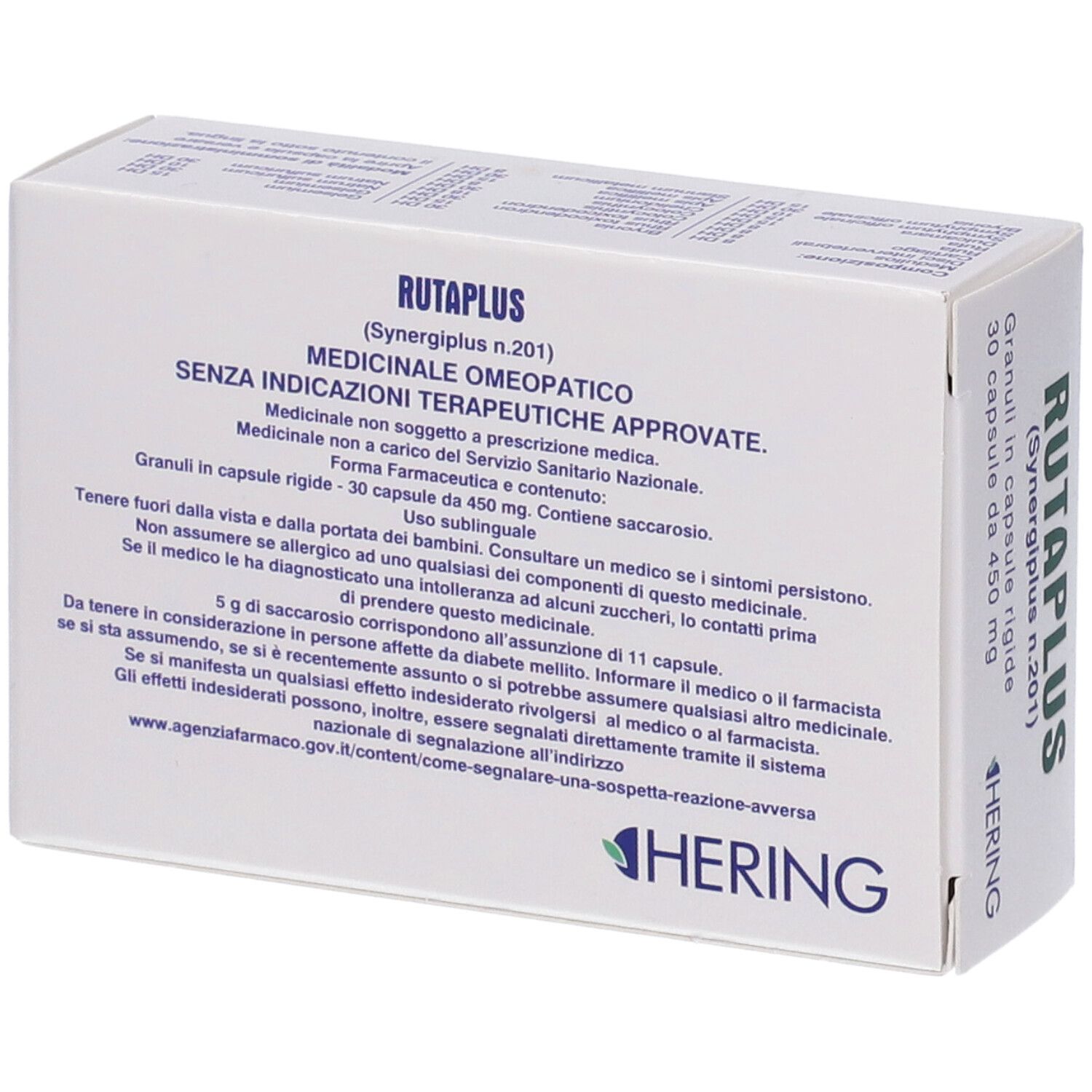 Retro scatola "RUTAPLUS". Testo: Medicinale omeopatico. Marchio HERING. Informazioni.