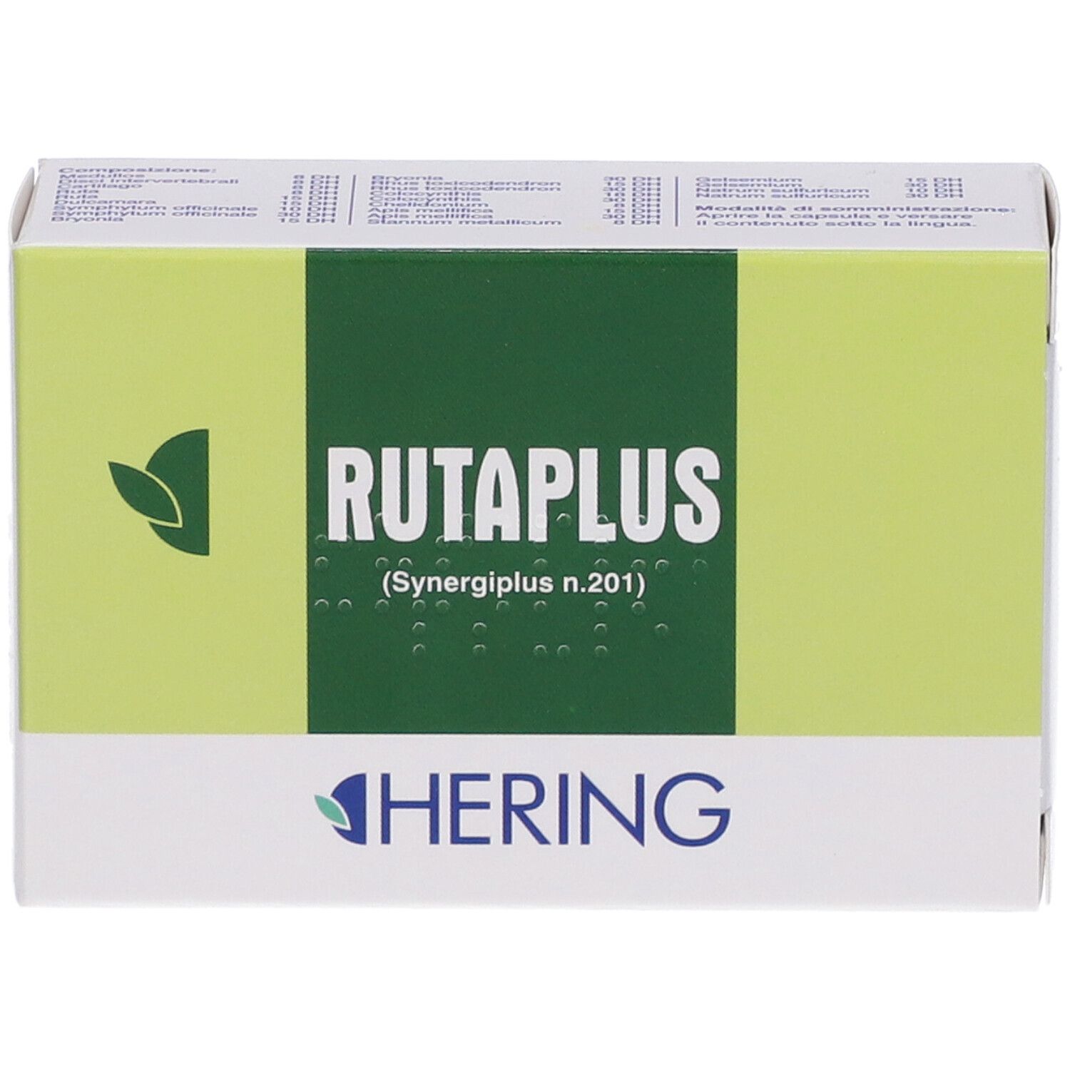 Scatola "RUTAPLUS". Marchio HERING. Confezione verde e bianca. Scrittura Braille.