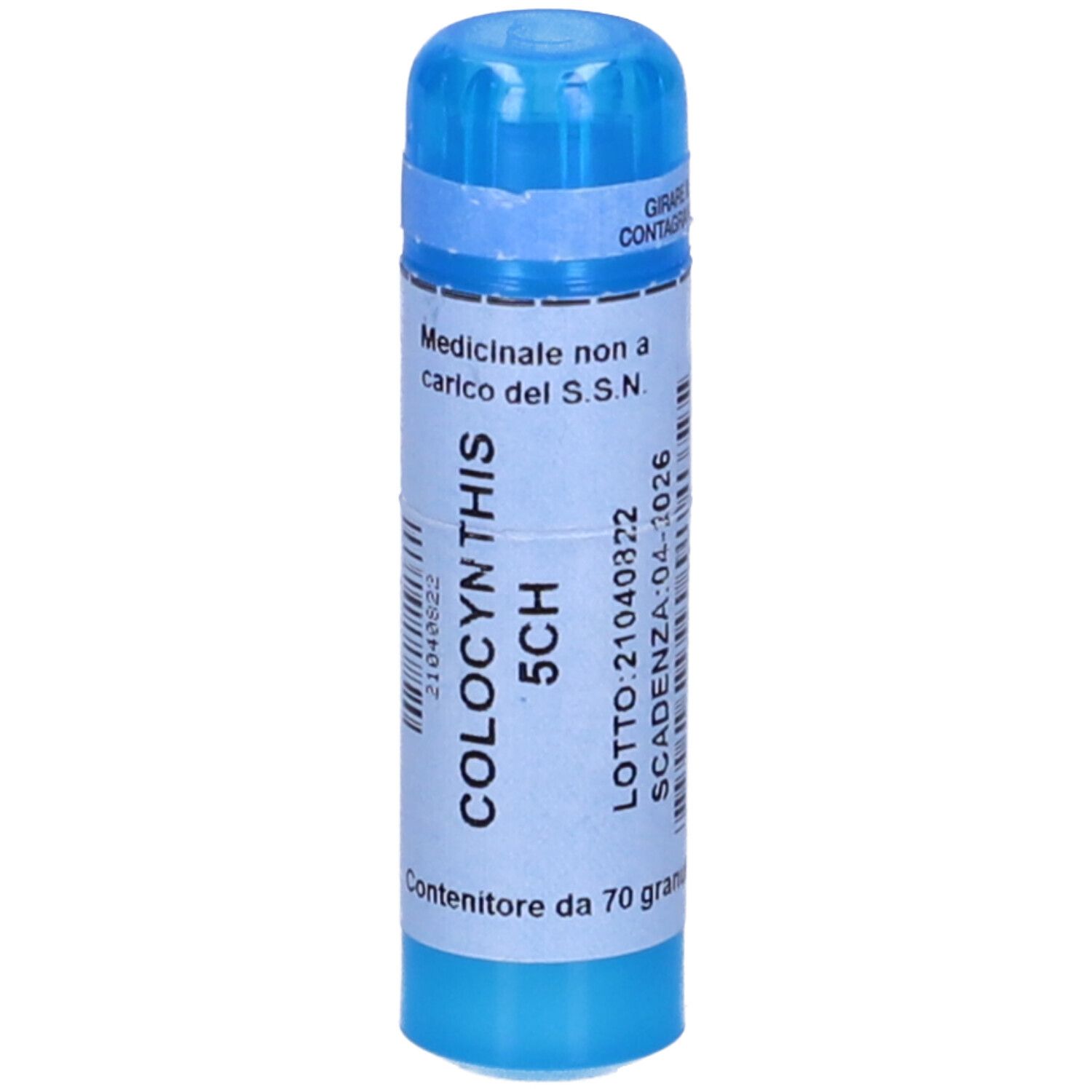 Contenitore cilindrico blu con etichetta bianca. Scritta: COLOCYNTHIS 5CH. Contiene 70 granuli.