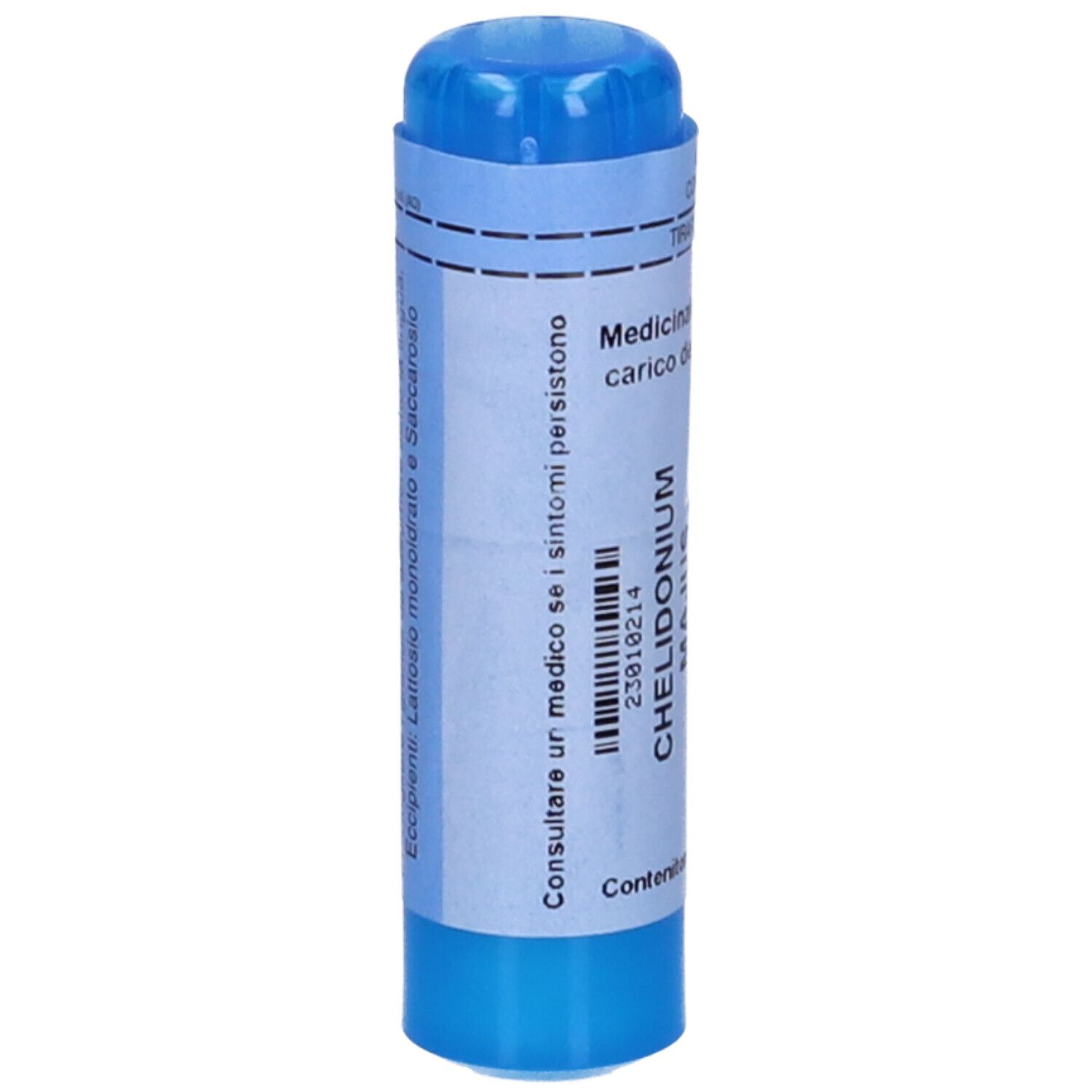 Contenitore cilindrico blu con etichetta bianca. Scritta: Chelidonium. Contiene granuli. Con istruzioni.