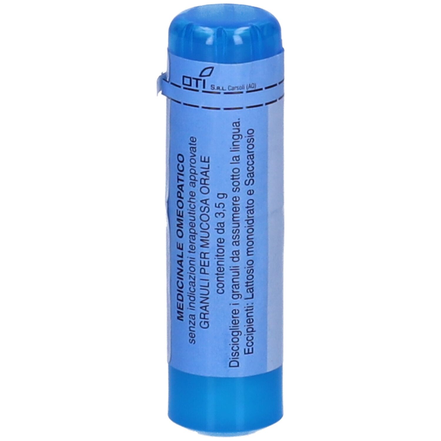 Contenitore cilindrico blu con etichetta bianca. Scritta: Oti, Granuli per mucosa orale. Contiene 3,5g.
