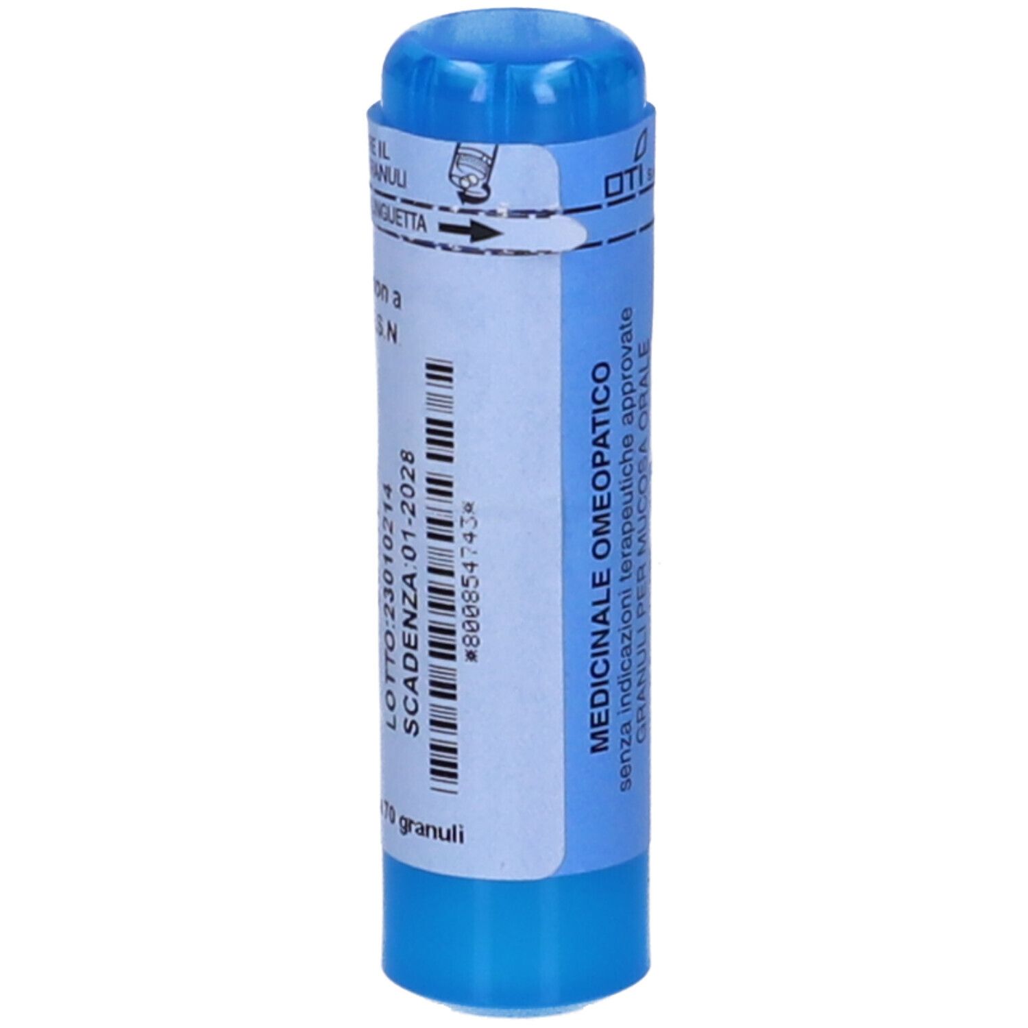 Contenitore cilindrico blu con etichetta bianca. Scritta: Oti, Medicinale omeopatico. Contiene 70 granuli.