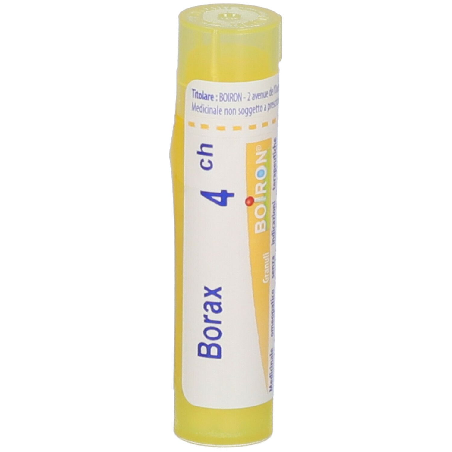 Tubo giallo con etichetta bianca. Scritta: Borax 4 ch, BOIRON. Stampe in italiano.