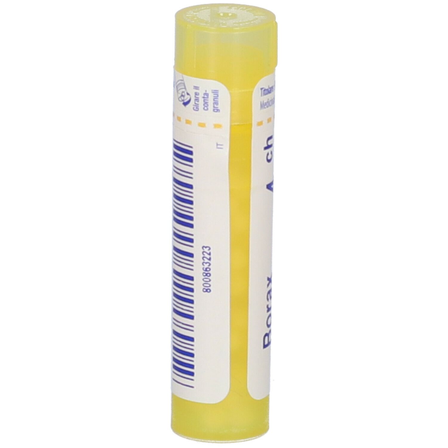Tubo giallo con etichetta bianca. Scritta: Borax 4 ch. Codice a barre e altre informazioni in italiano.