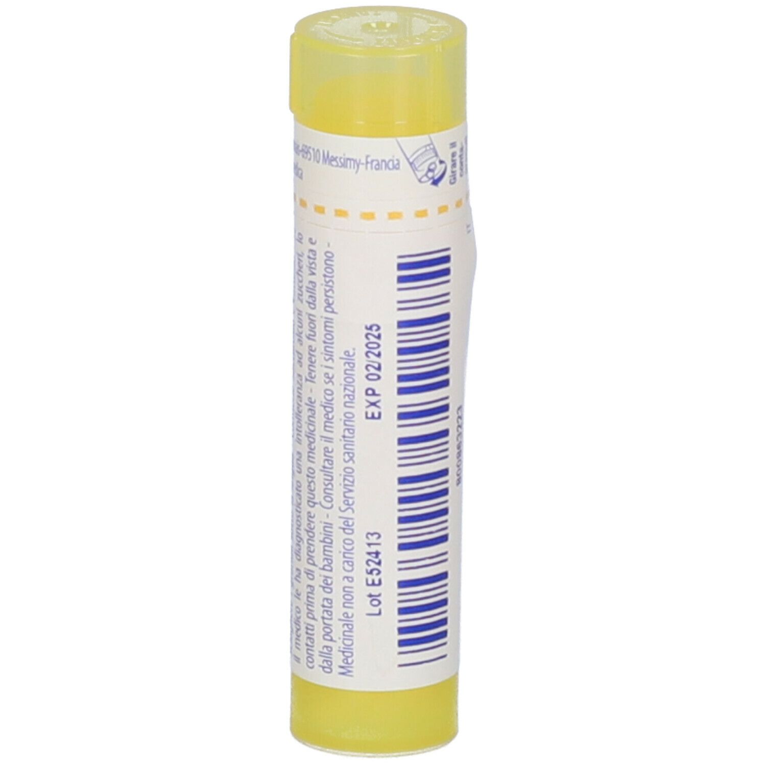 Tubo giallo con etichetta bianca. Scritta: Borax 4 ch. Scadenza 02/2025. Ulteriori informazioni in italiano.