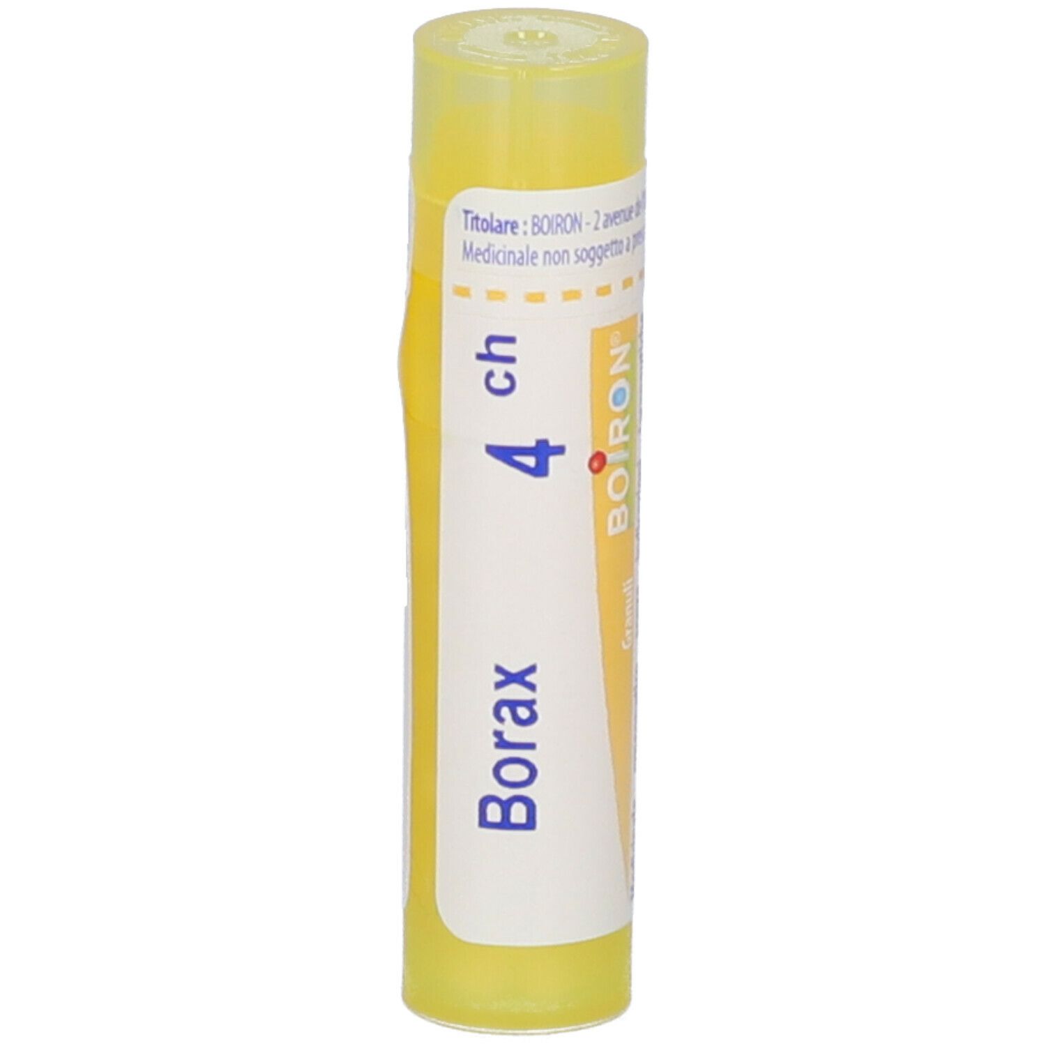 Tubo giallo con etichetta bianca. Scritta: Borax 4 ch, BOIRON. Stampe in italiano.