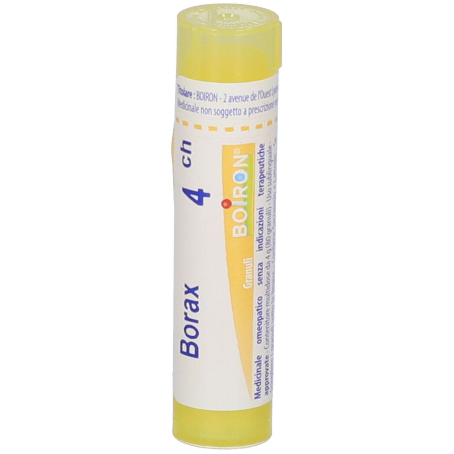 Tubo giallo con etichetta bianca. Scritta: Borax 4 ch, BOIRON. Stampe in italiano.