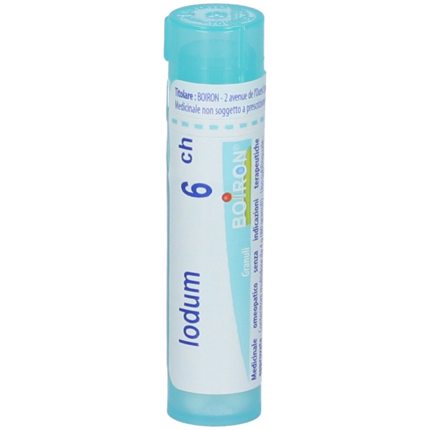 Confezione cilindrica con "Iodum 6 ch" e logo Boiron. Tappo blu e testo.