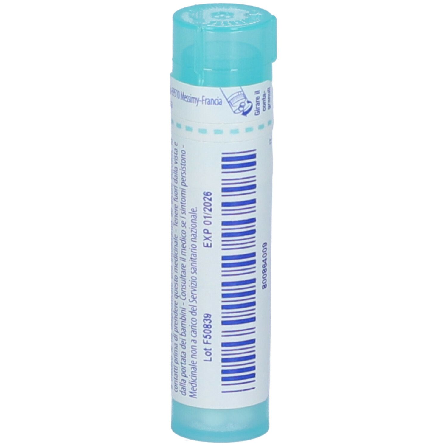 Confezione cilindrica con testo e stampe. Tappo blu. Contiene informazioni come la data di scadenza.