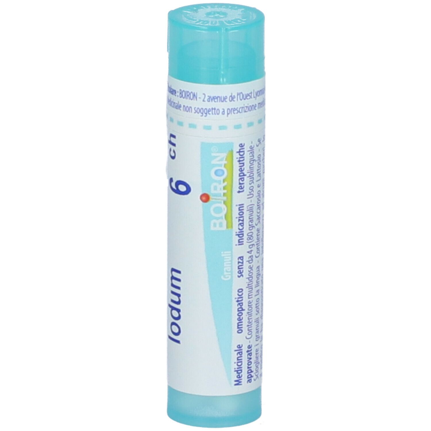 Confezione cilindrica con "Iodum 6 ch" e logo Boiron. Tappo blu e testo.