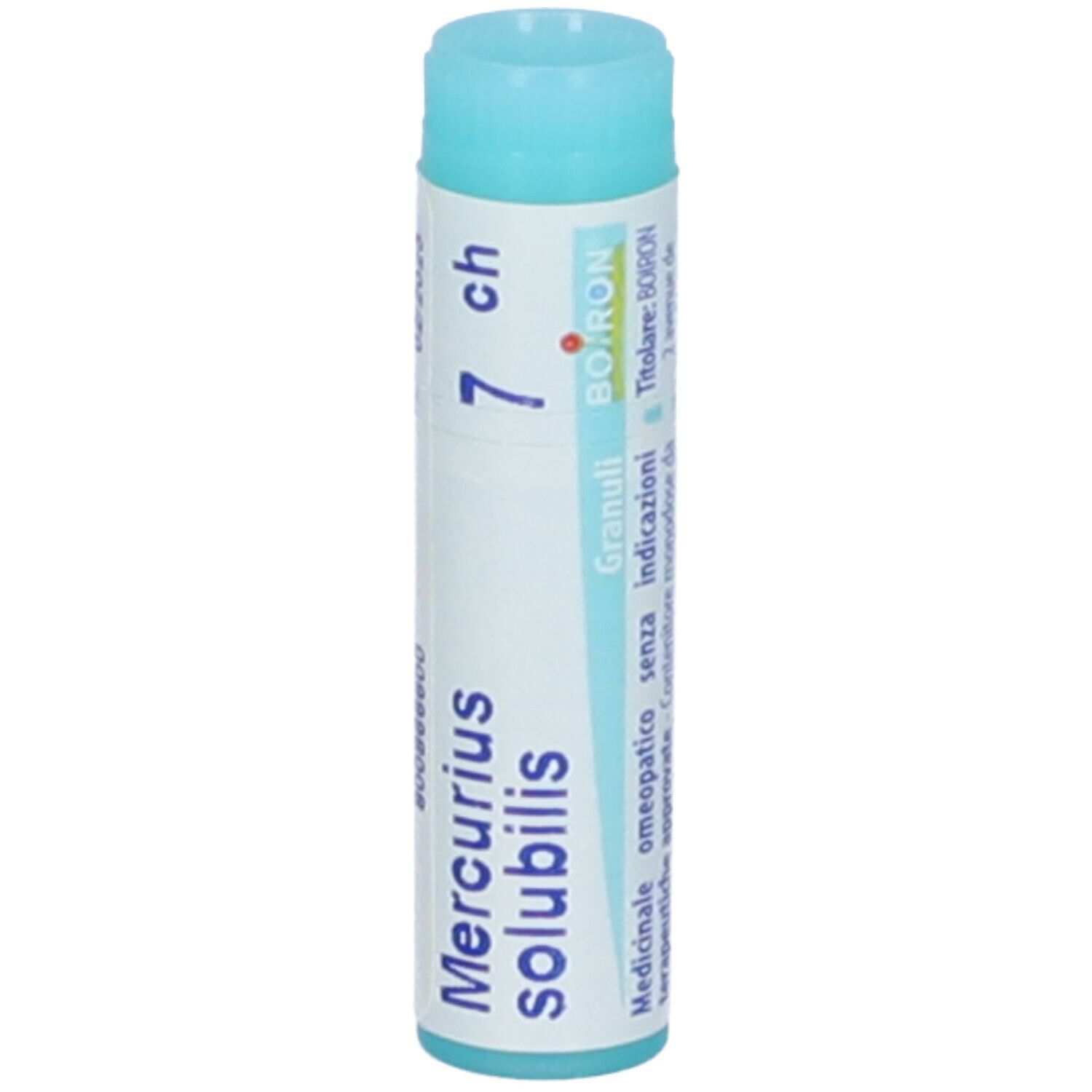 Confezione cilindrica 'Mercurius solubilis 7 ch'. Tappo blu. Scritte e marchio BOIRON.