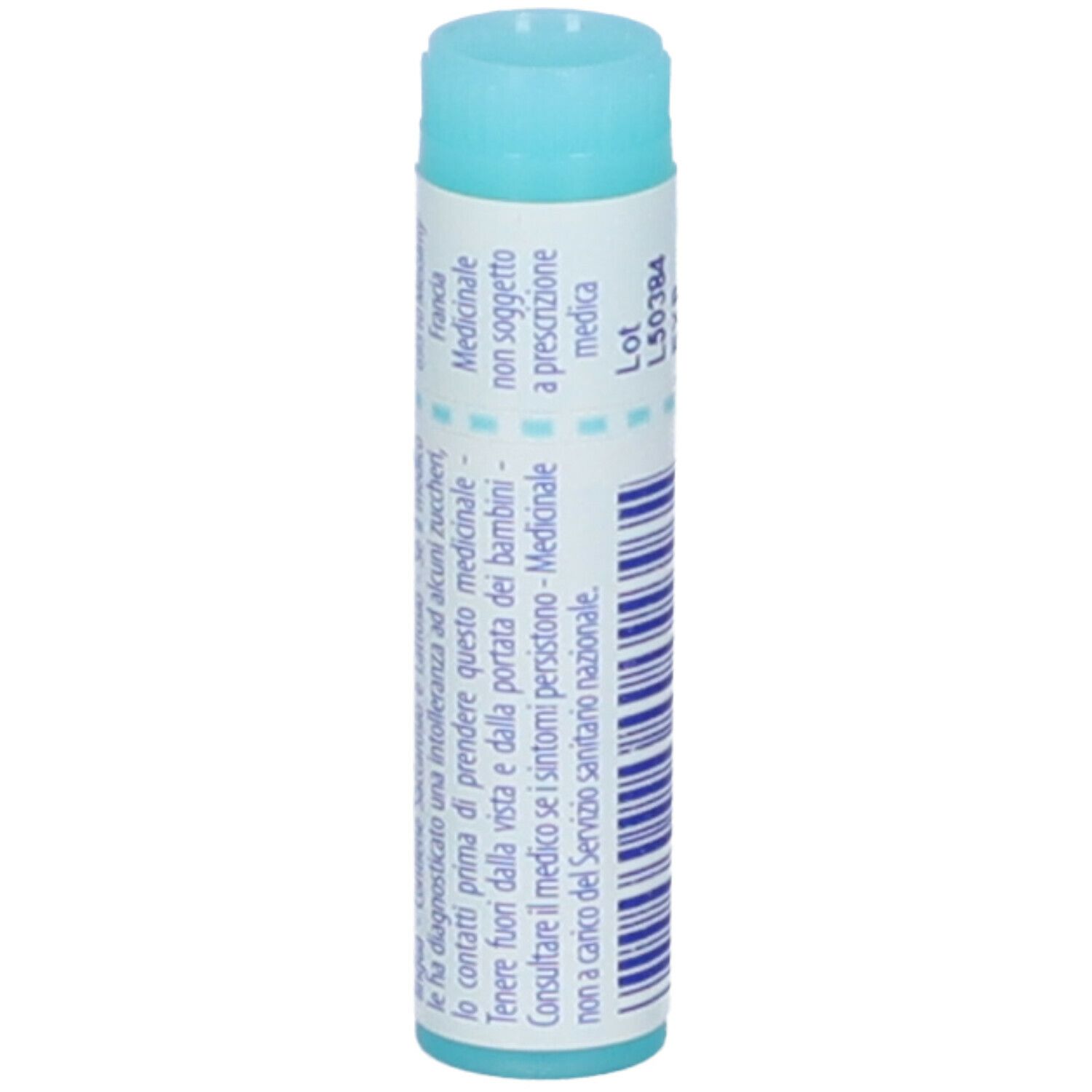 Confezione cilindrica 'Mercurius solubilis 7 ch'. Tappo blu. Testo con informazioni mediche.