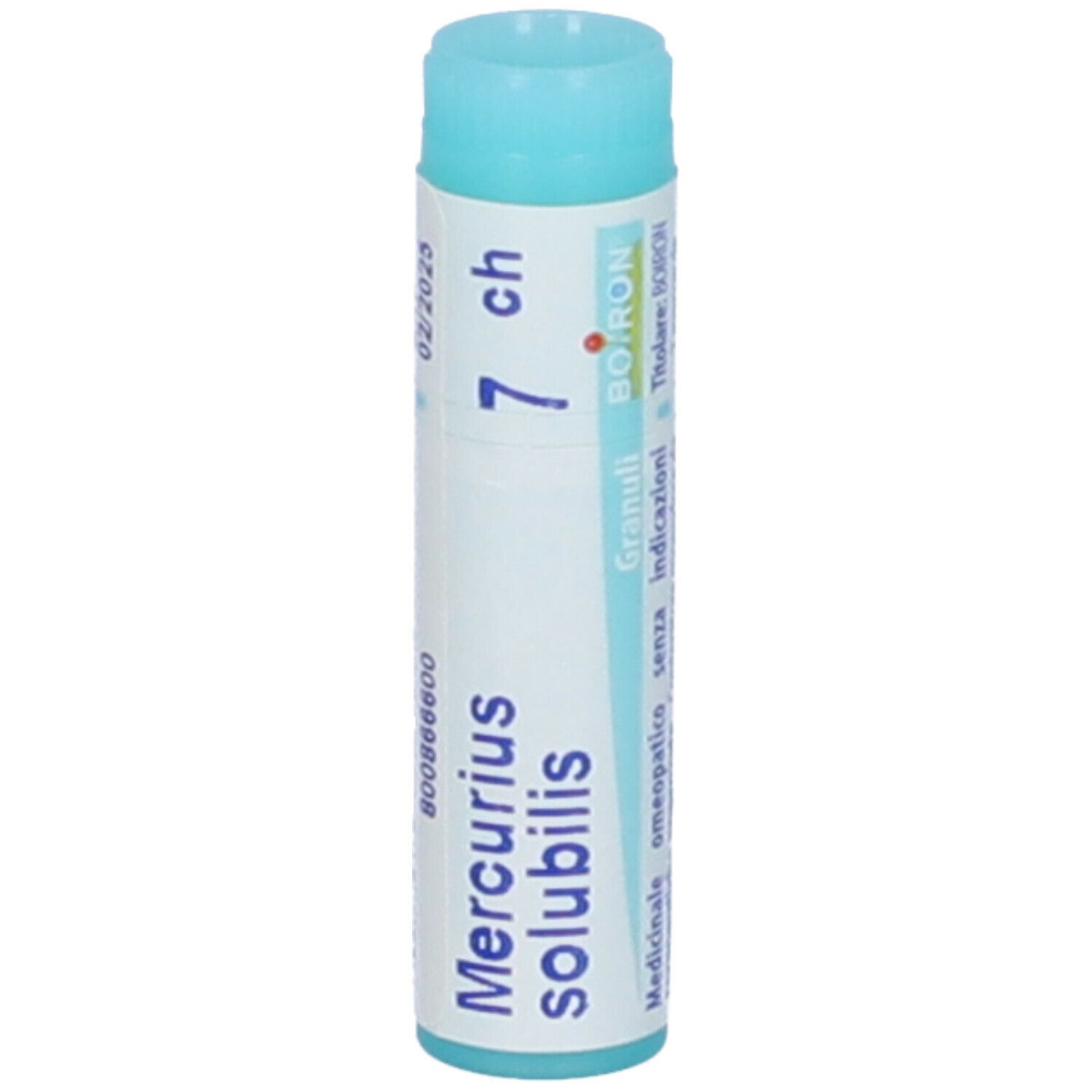 Confezione cilindrica 'Mercurius solubilis 7 ch'. Tappo blu. Marchio BOIRON e altre informazioni.