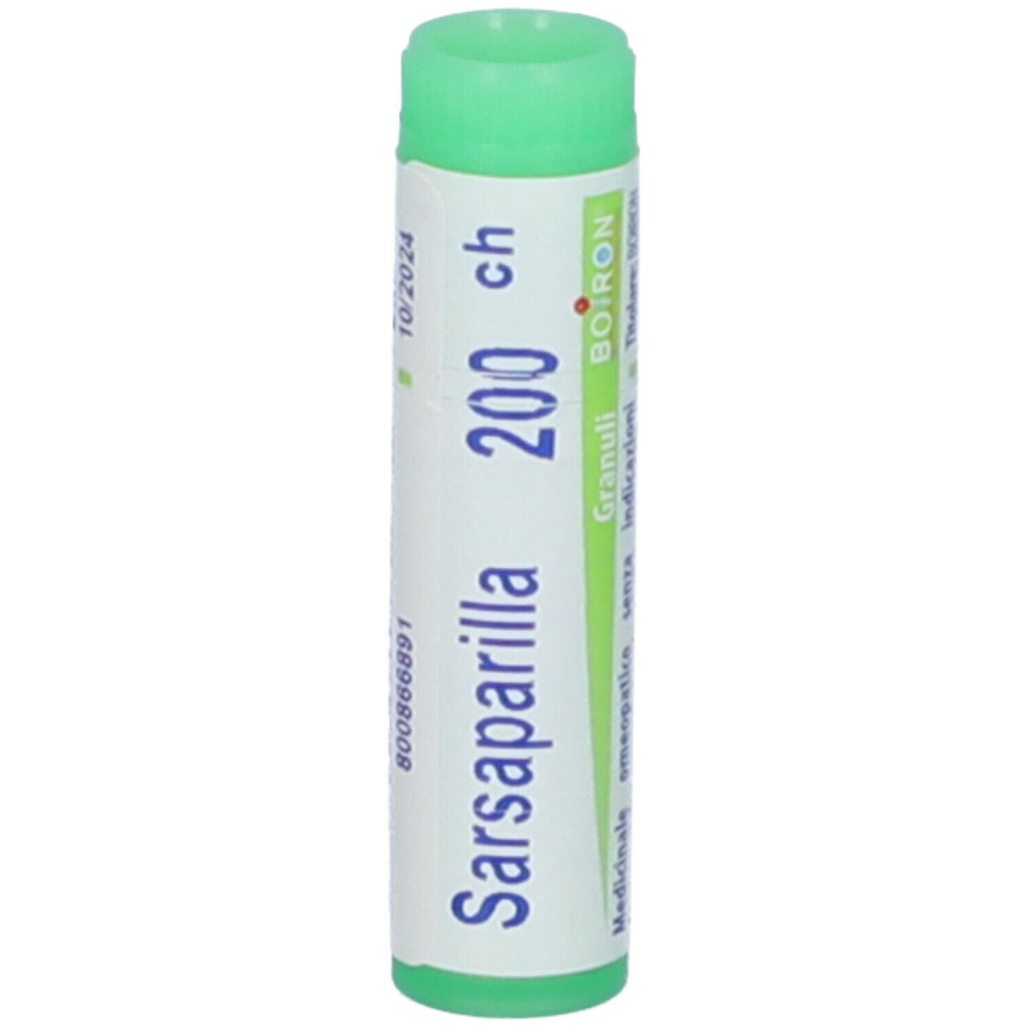 Tubo cilindrico, tappo verde. Scritta: Sarsaparilla 200 ch, Granuli, Boiron. Stampa: 10/2024.