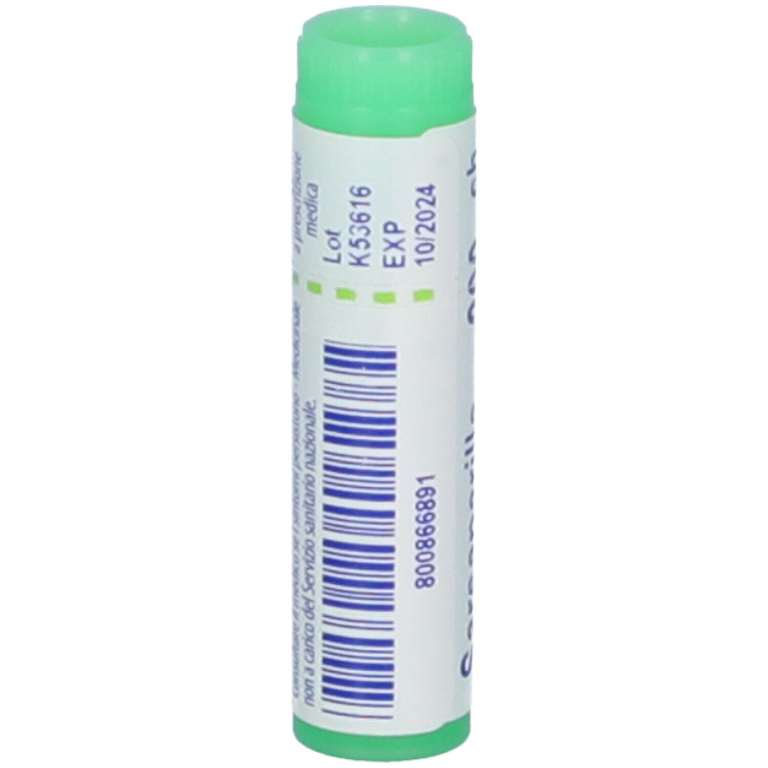 Tubo cilindrico, tappo verde. Scritta: 800866891, K53616, EXP 10/2024. Testo in italiano.