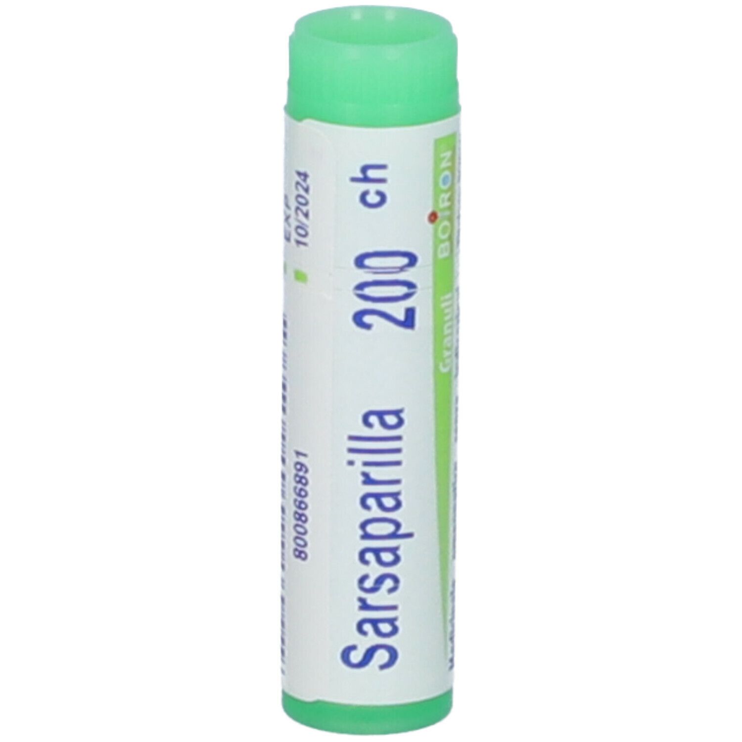 Tubo cilindrico, tappo verde. Scritta: Sarsaparilla 200 ch, Granuli, Boiron. Stampa: 10/2024.