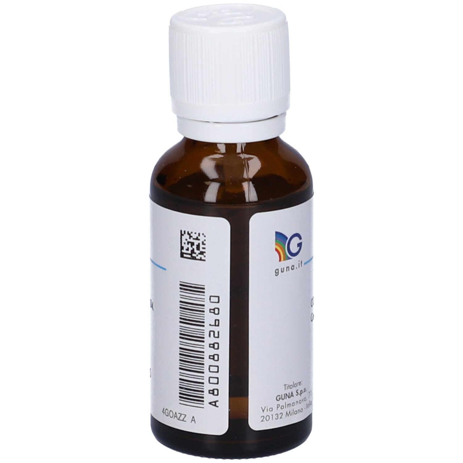 Flacone di vetro marrone con tappo bianco. Etichetta con codice a barre e testo. Logo GUNA. Flacone 30 ml.