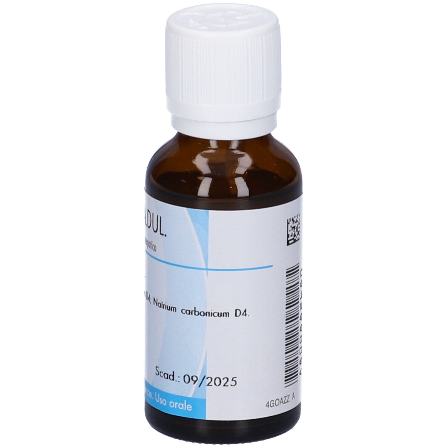 Flacone di vetro marrone con tappo bianco. Etichetta con testo e logo. Contiene Nux vomica D4. Scadenza 09/2025.