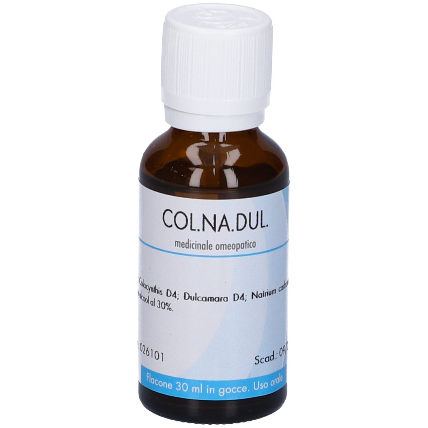 Flacone di vetro marrone con tappo bianco. Etichetta con testo: COL.NA.DUL, medicinale omeopatico. Flacone 30 ml.