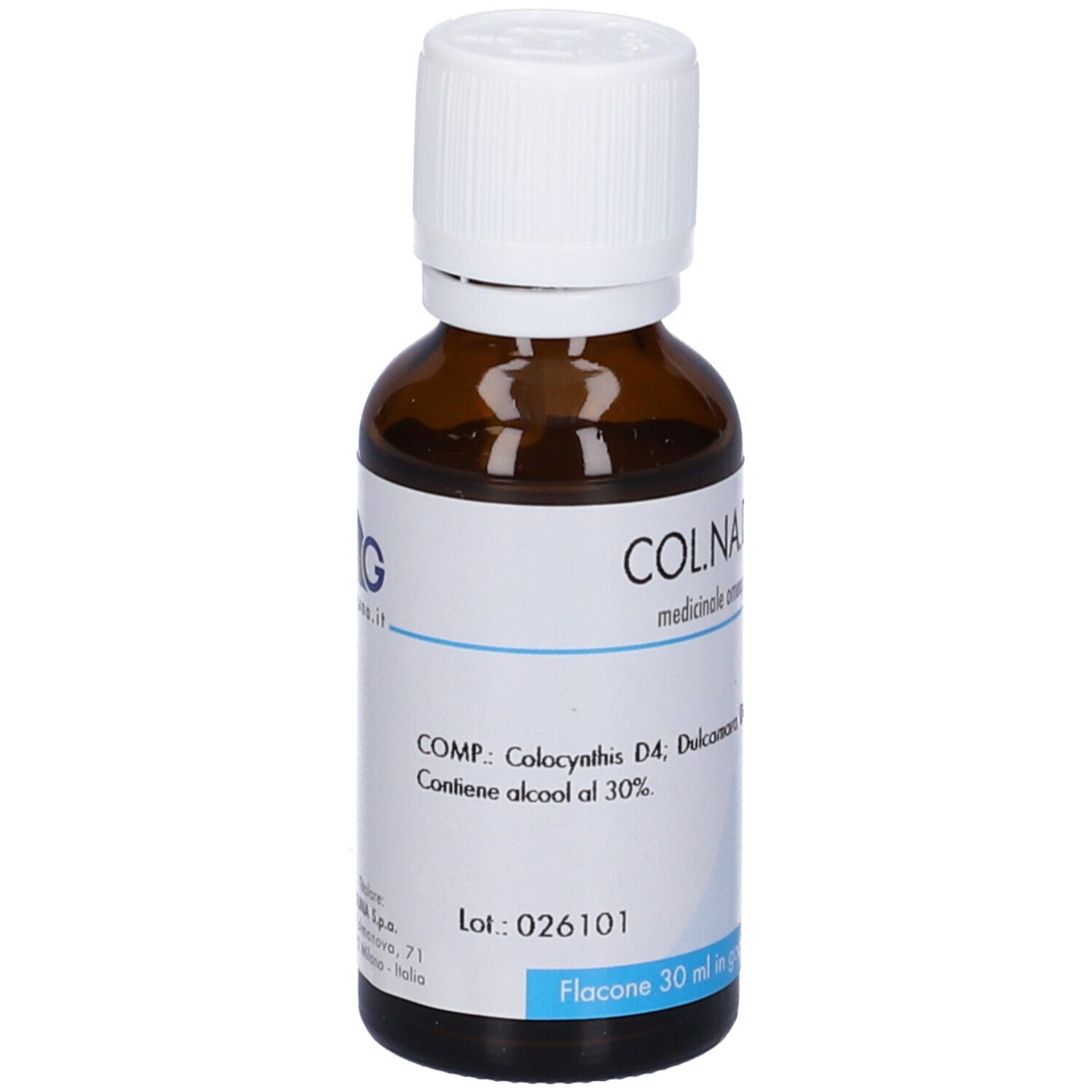 Flacone di vetro marrone con tappo bianco. Etichetta con testo e logo. Contiene Colocynthis D4. Flacone 30 ml.