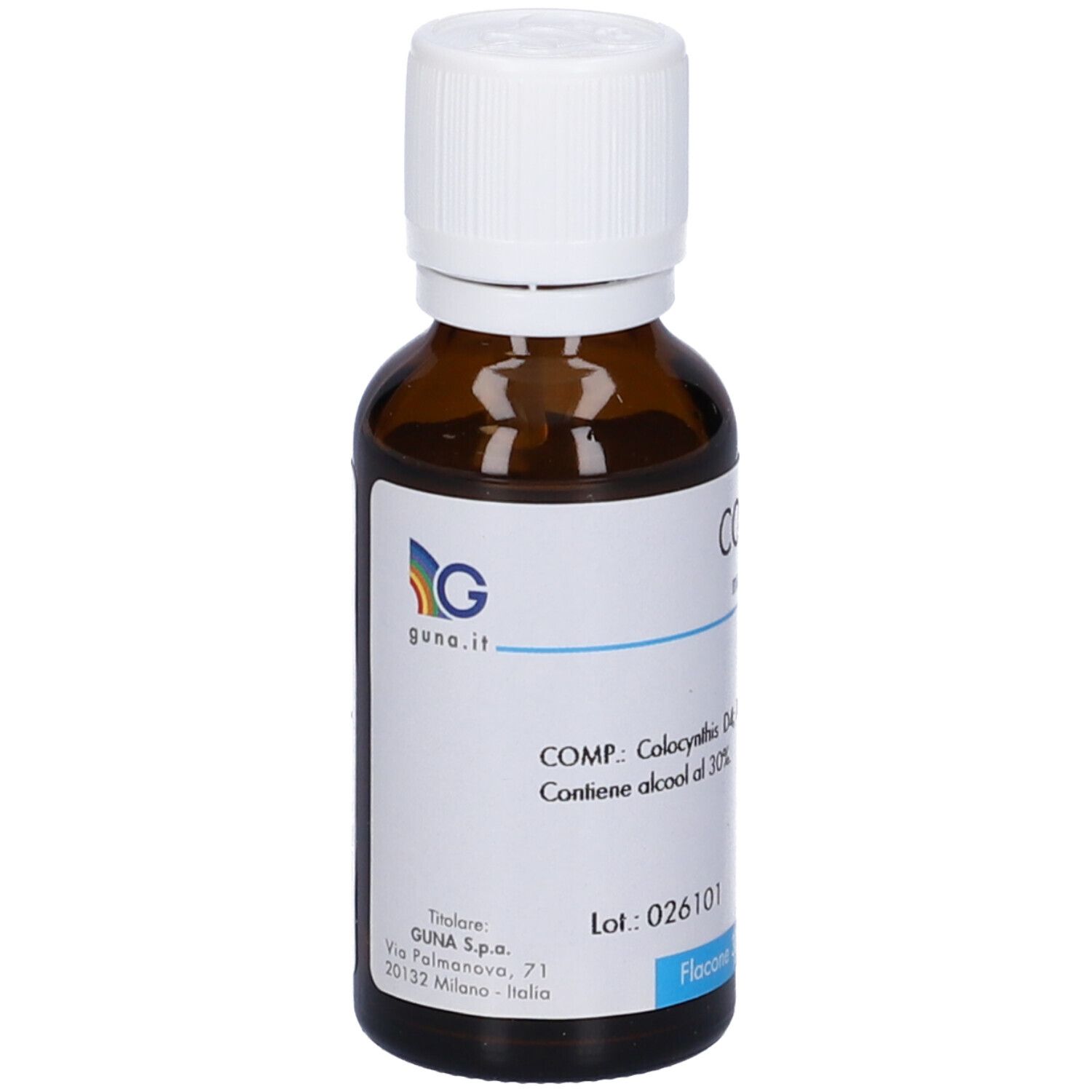 Flacone di vetro marrone con tappo bianco. Etichetta con testo e logo. Contiene Colocynthis D4. Flacone 30 ml.