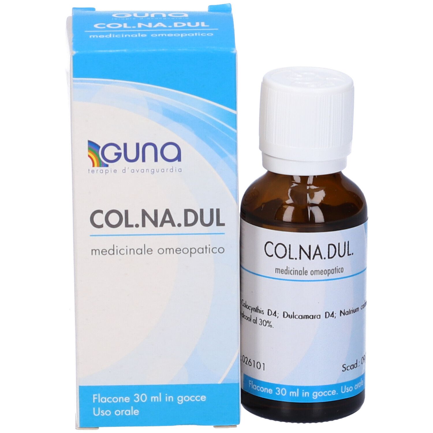 Confezione e flacone. Confezione: blu-bianco, testo: COL.NA.DUL, omeopatico. Flacone: marrone, 30 ml.