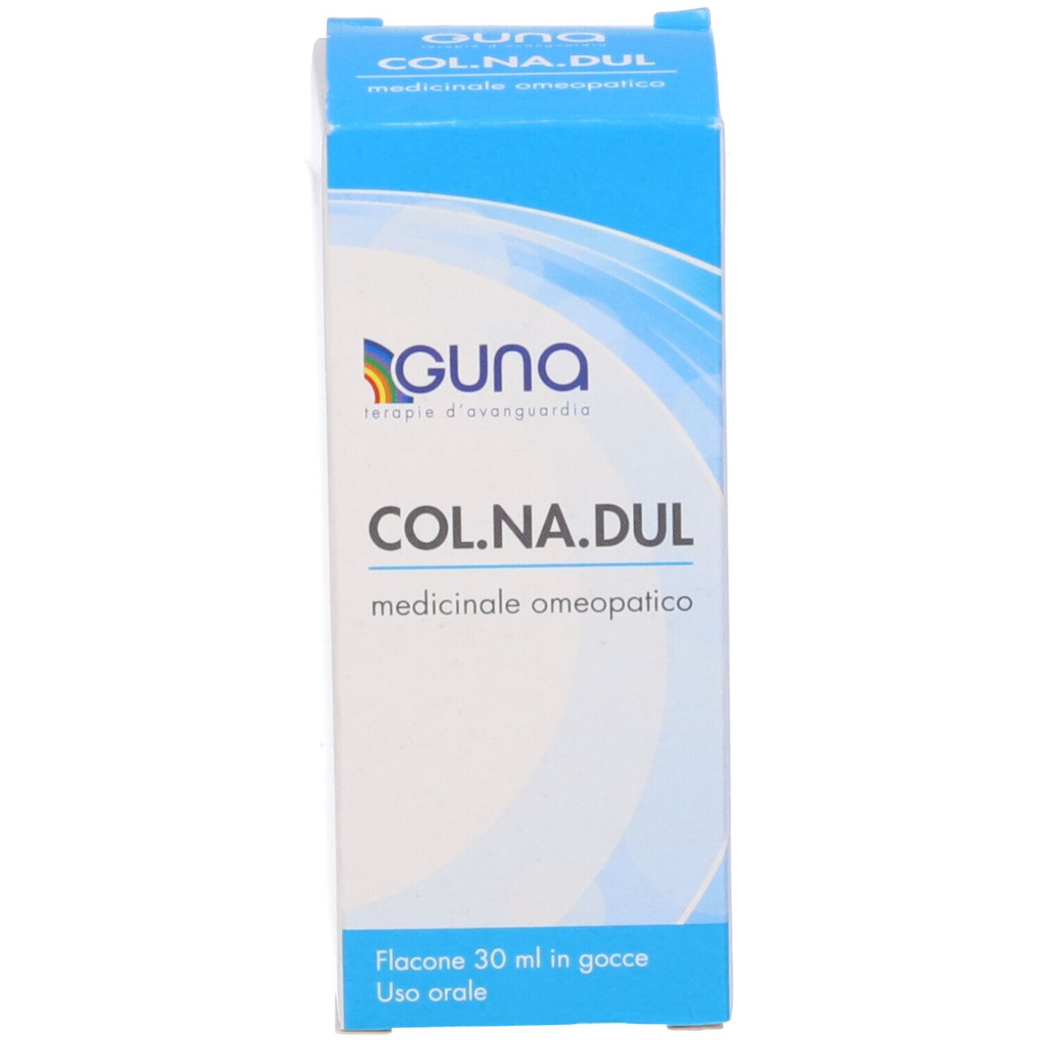 Confezione del prodotto. Scatola blu e bianca con testo: COL.NA.DUL, medicinale omeopatico. Logo GUNA. 30 ml.