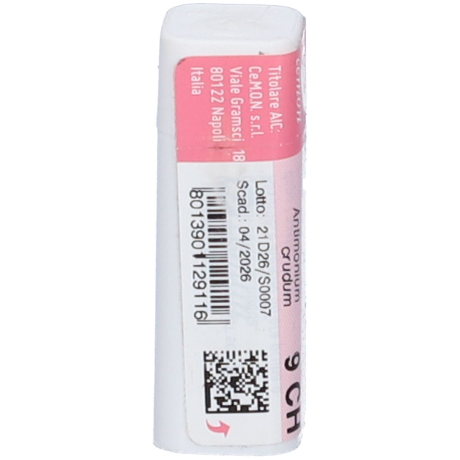 Cilindro. Etichetta rosa con informazioni prodotto e 9 CH. Marchio: cemon dynamis.