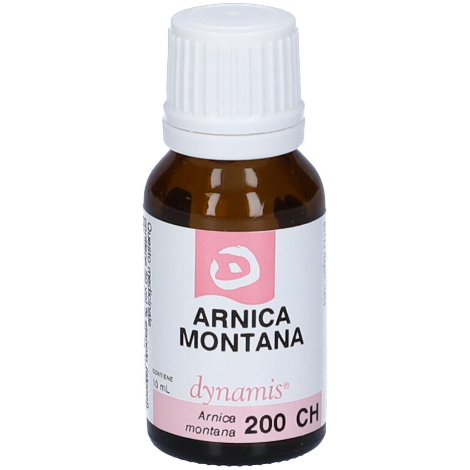 Flacone in vetro marrone con tappo bianco ed etichetta. Scritta: Arnica Montana 200 CH.