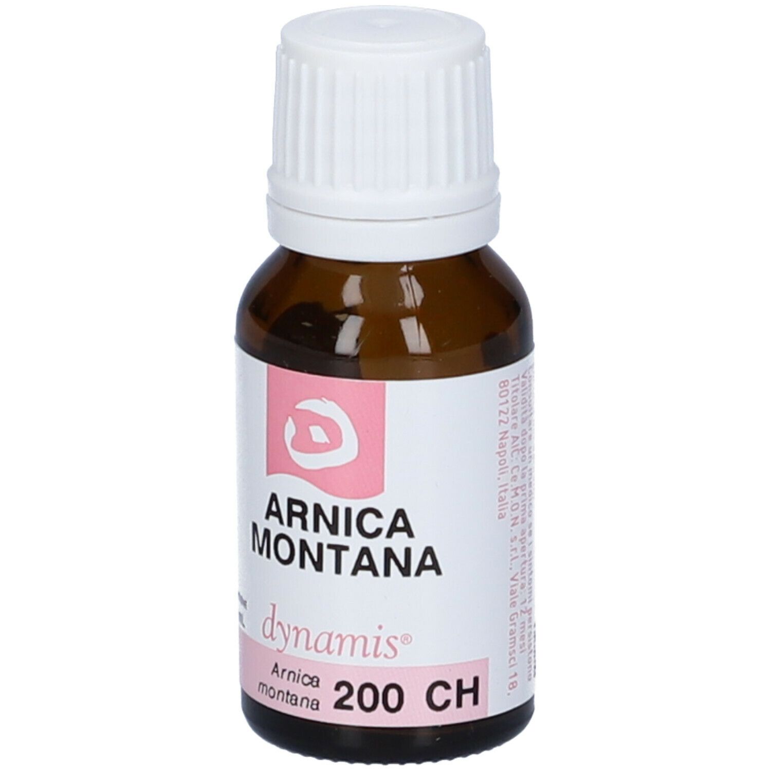 Flacone in vetro marrone con tappo bianco ed etichetta. Scritta: Arnica Montana 200 CH. Retro con testo.