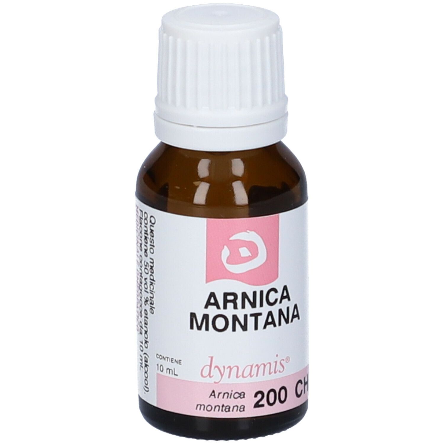 Flacone in vetro marrone con tappo bianco ed etichetta. Scritta: Arnica Montana 200 CH.
