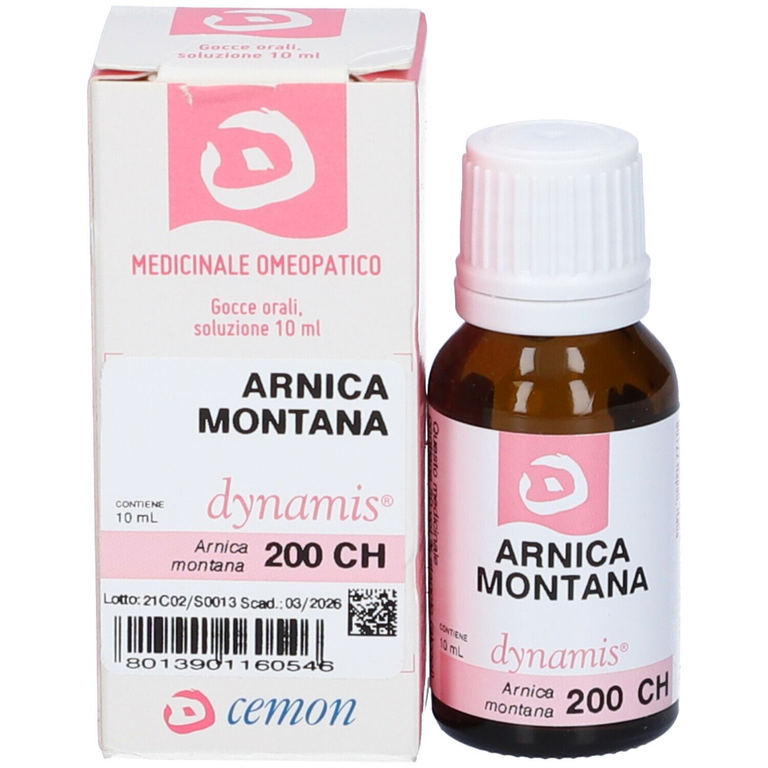 Flacone in vetro marrone con tappo bianco ed etichetta. Scritta: Arnica Montana 200 CH. Con confezione.