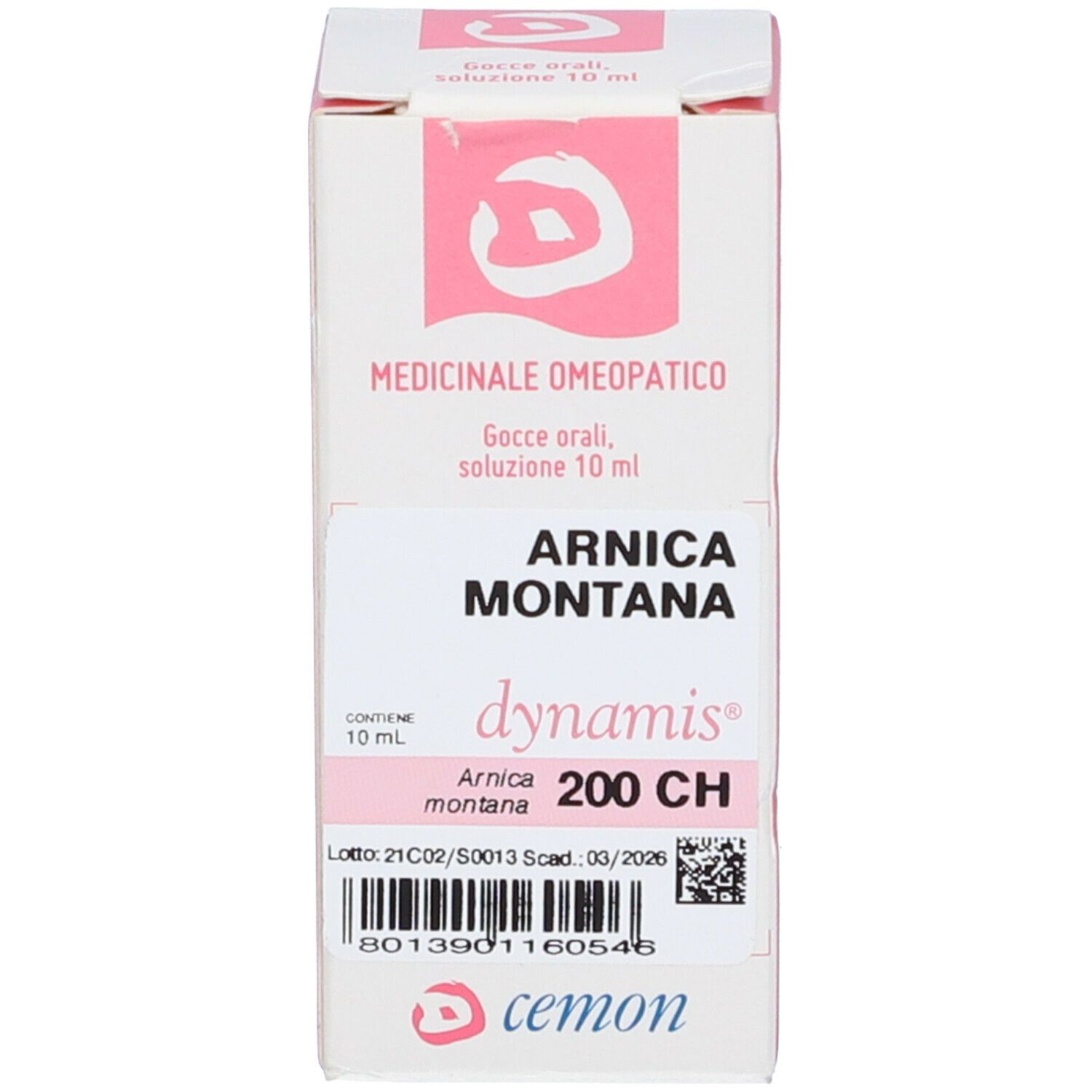 Confezione con scritta: Arnica Montana 200 CH. Con logo e informazioni sul prodotto.