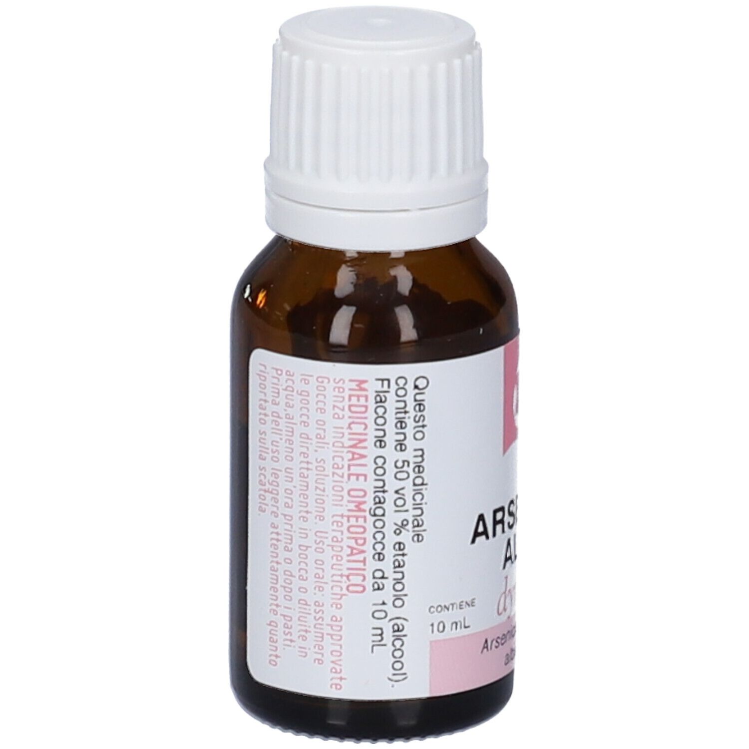 Flacone di vetro marrone con tappo bianco. Etichetta con informazioni sul prodotto. Testo: Arsenicum Album, 10 ml.