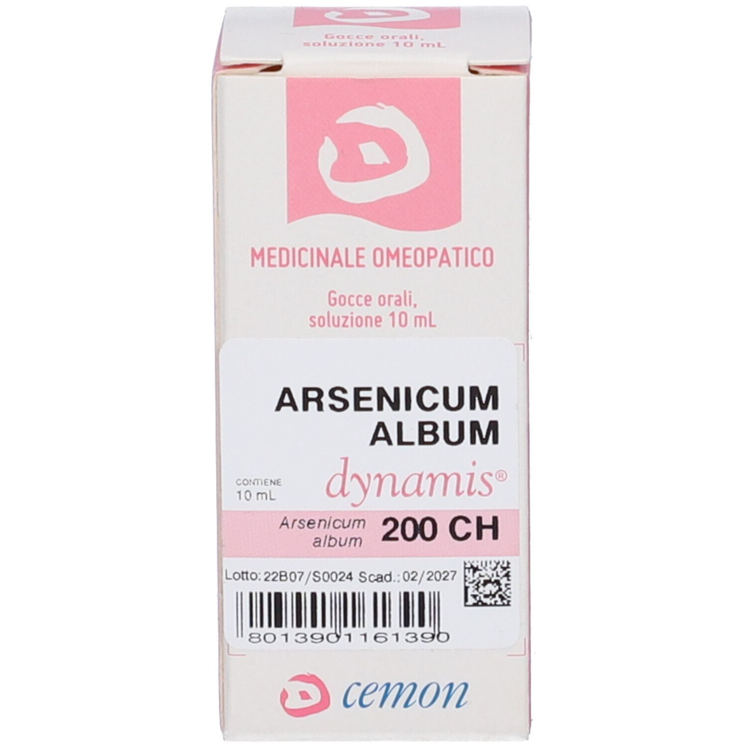 Confezione del prodotto. Confezione con nome del prodotto e logo. Testo: Arsenicum Album 200 CH, 10 ml.