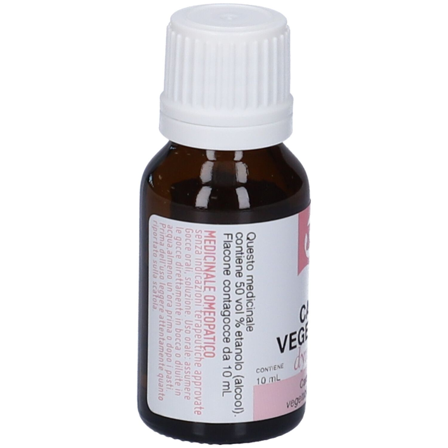 Flacone di vetro marrone con tappo bianco. Etichetta con testo e accenti rosa. Contiene 50% etanolo.