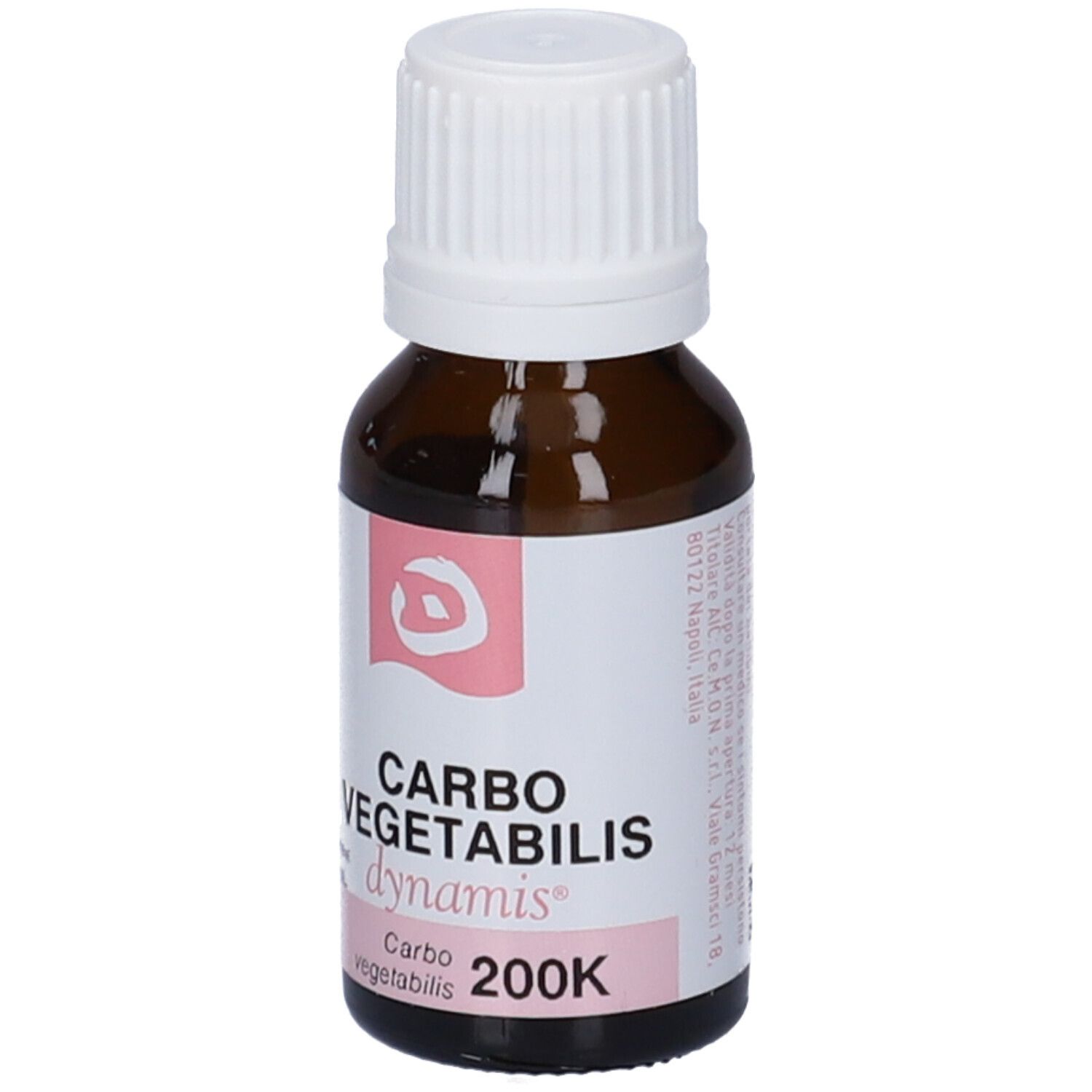 Flacone di vetro marrone con tappo bianco. Etichetta con testo: Carbo Vegetabilis 200K, dynamis, e logo rosa.