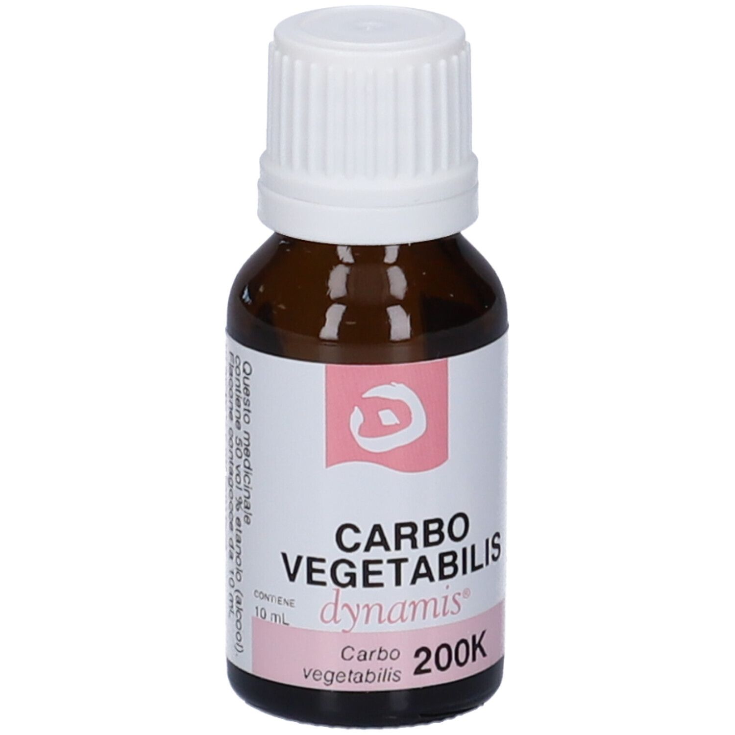 Flacone di vetro marrone con tappo bianco. Etichetta con testo e rosa. Contiene 10 ml.