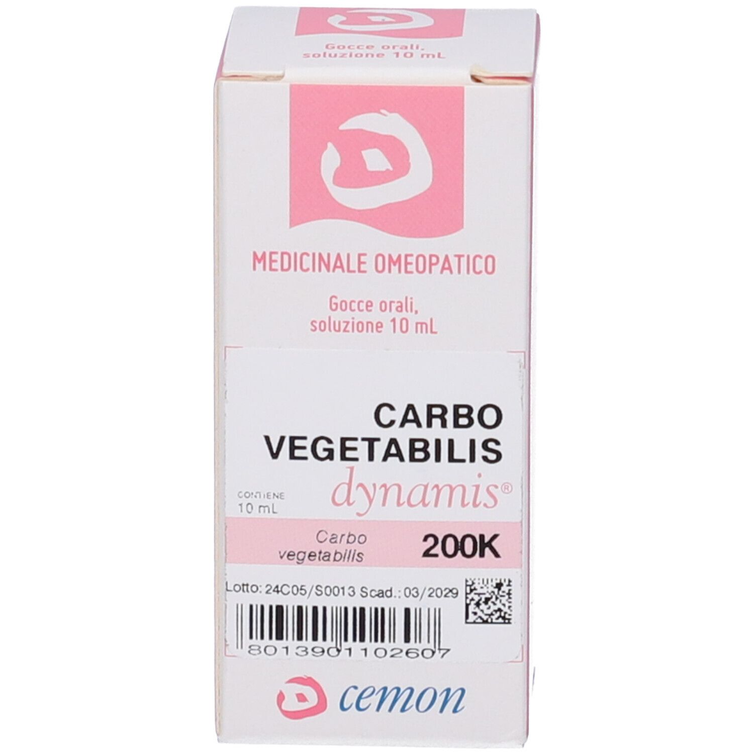 Confezione bianca con rosa. Testo: Carbo Vegetabilis 200K, dynamis. Contiene 10 ml.