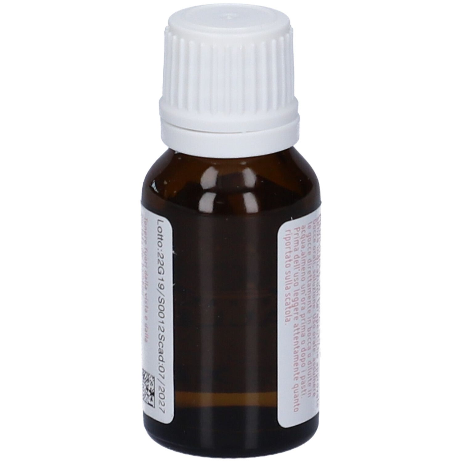 Flacone di vetro marrone con tappo bianco. Etichetta con numero di lotto e scadenza.