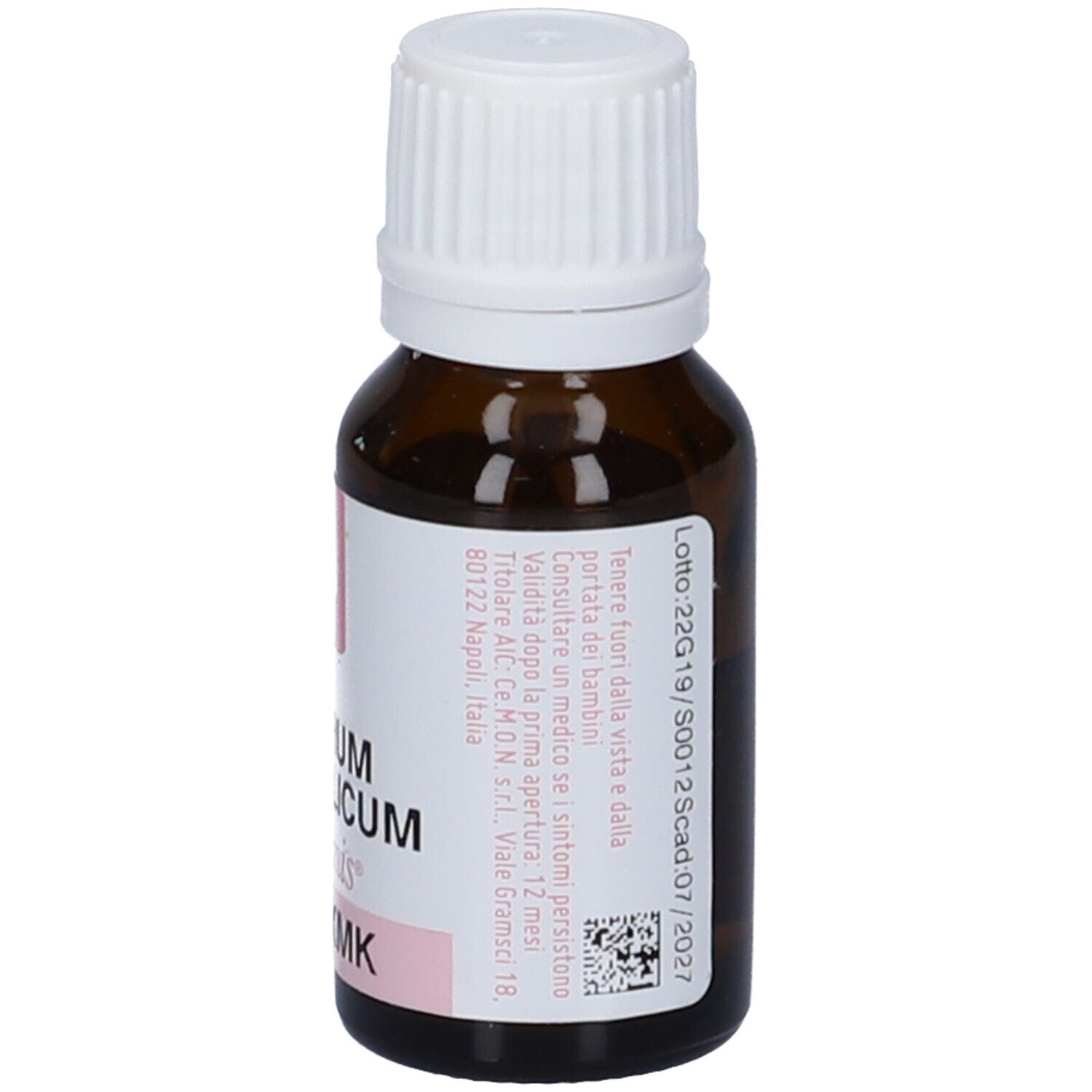 Flacone di vetro marrone con tappo bianco. Etichetta con testo in italiano.