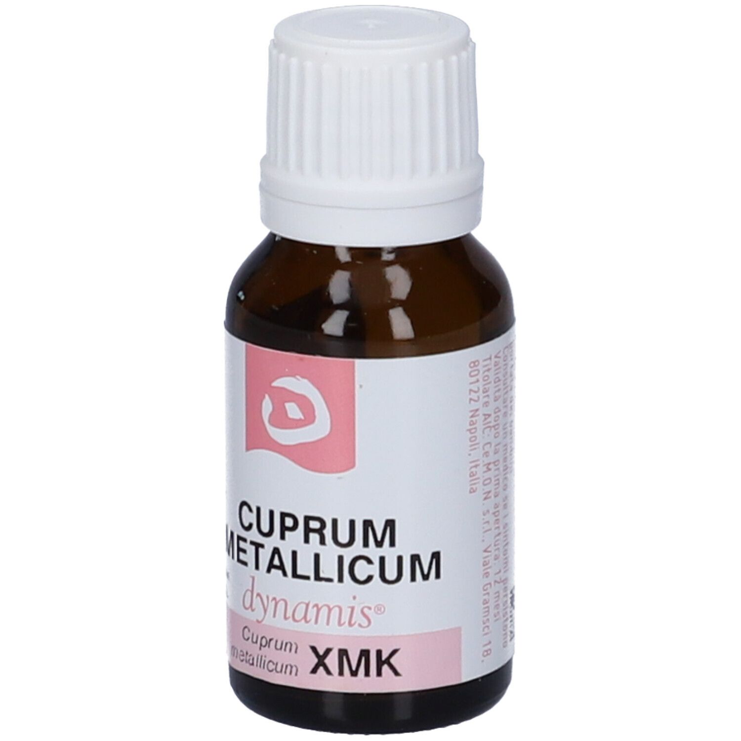 Flacone di vetro marrone con tappo bianco. Etichetta con nome del prodotto e dettagli rosa.