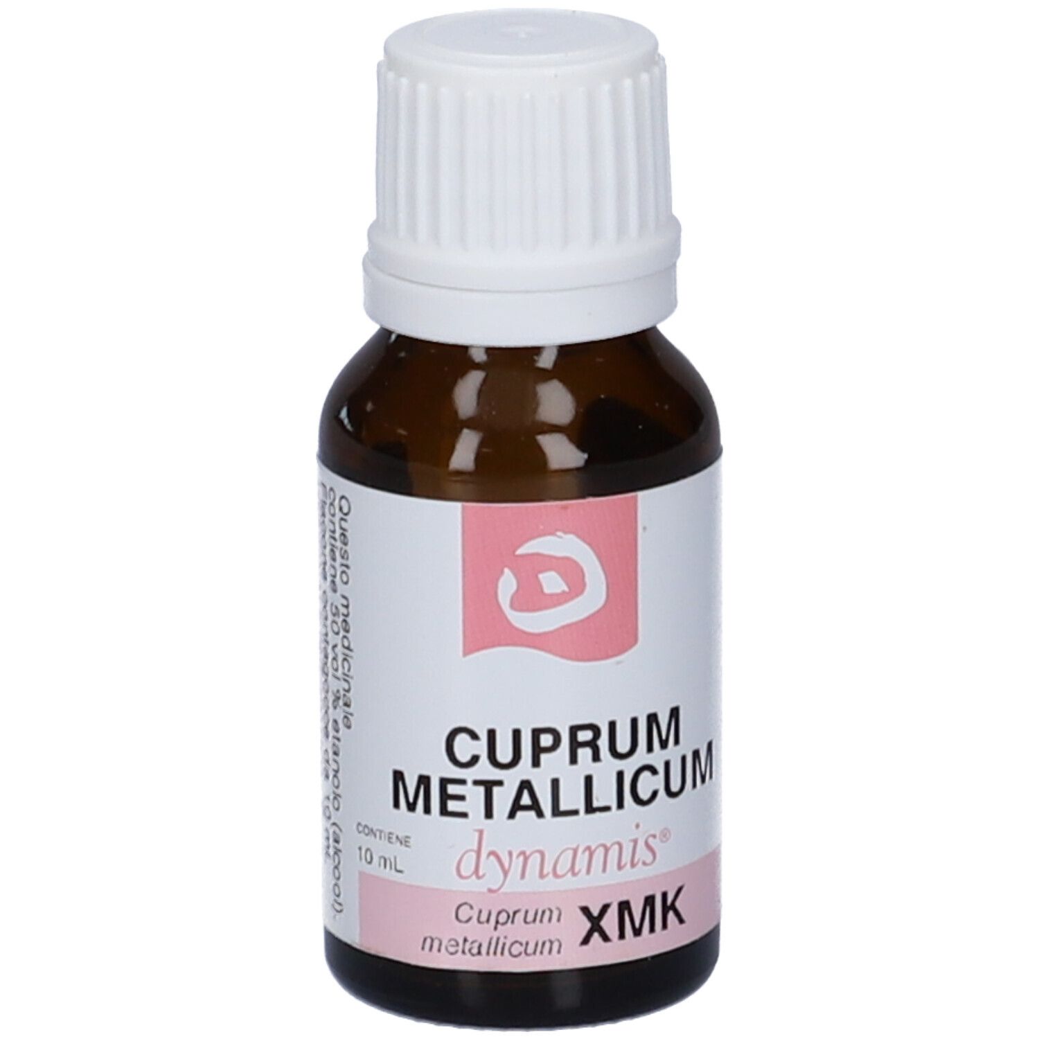 Flacone di vetro marrone con tappo bianco. Etichetta con nome del prodotto e dettagli rosa.