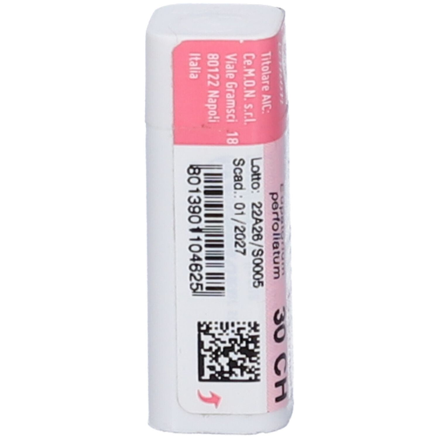 Confezione cilindrica bianca con etichetta rosa. Scritta: Eupatorium Perfoliatum 30 CH. Codice QR e numero di lotto.